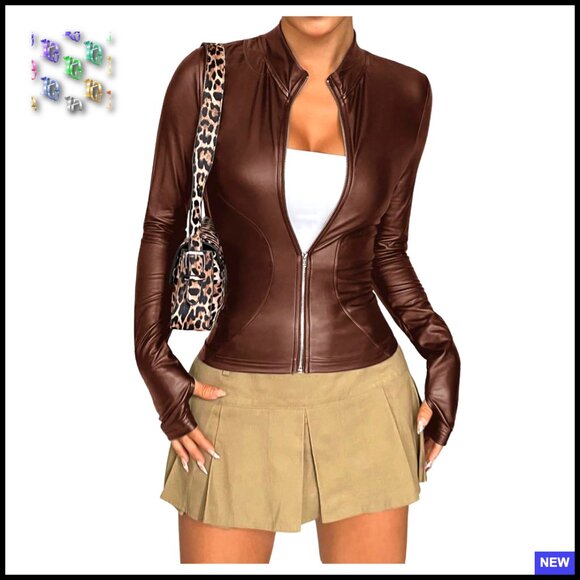 Jackets & Blazers - Faux Leather Jacket Slim Fit Zip Up Long Sleeve Winter Coat Chic Outerwear